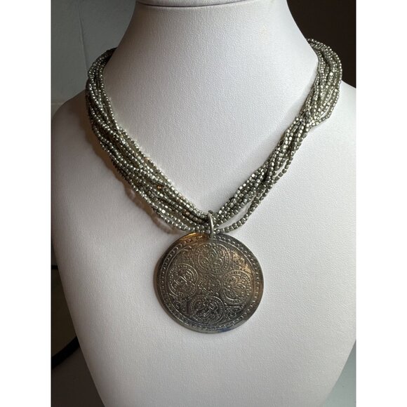 Tribal Multi Strand Silver Beaded Medallion Necklace 18 inch length Silver Tone - Picture 1 of 6